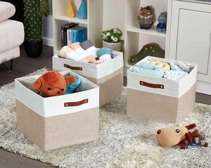 Modern 12 Inch <b>Storage</b> Bins 4PCs Fabric Cubes Handles Sturdy Collapsible Closet <b>Storage</b> Organizer 25L Capacity Cotton Linen EVA - Product Image 3