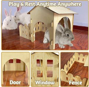 Château <span class=keywords><strong>de</strong></span> lapin en bois cachette avec clôture petit Animal jeu <span class=keywords><strong>maison</strong></span> cachette avec fenêtre amovible lapin <span class=keywords><strong>lit</strong></span> cabine lapin château - Product Image 3
