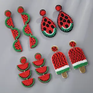 Kaimei Fashion Jewelry Beach Summer Fruit Fabric Rice Ball Earrings Handmade Ethnic Creative Watermelon Beaded Earrings 2023