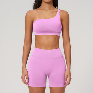 Women's One Shoulder Yoga Sports <b>Bra</b> Asymmetric <b>Backless</b> Seamless Soft High Stretch Breathable Shorts High Waist Gym Running - Product Image 3