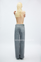 Jean droit femme tendance streetwear OEM Y2K en denim semi-transparent gaufré, déchiré et évidé, taille mi-haute