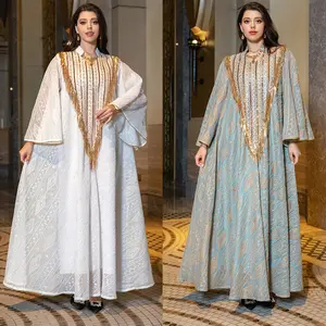 Arab Dubai Mesh Sequins Embroidery Evening Robe For Women Jalabiyat Muslim Turkish Casual Loose Long Sleeve Clothing