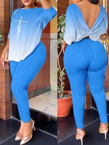 Dropshipping Products Printemps Automne Vêtements <span class=keywords><strong>pour</strong></span> femmes Dames Fashion Print Casual Bare Back t Shirts Tops Pants Two Piece Women Sets - Product Image 5
