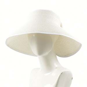 Sombrero de paja plegable con visera, sombrero de sol de verano con parte superior hueca, color sólido, ala ancha, para viajes al aire libre - Product Image 3