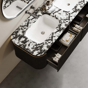 Meuble de salle de bain de luxe en contreplaqué massif avec miroir LED intelligent, plan de travail en pierre frittée et tiroirs - Product Image 2