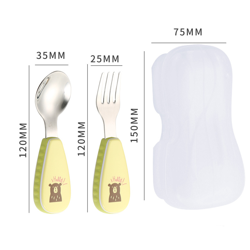 Cuchara, tenedor y caja amarillos.