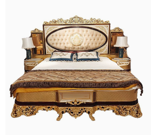 Juego de Muebles de Dormitorio Turcos de Lujo con Cabecera Tapizada de Madera de Roble Macizo Tallada, Cama Doble King Size de Estilo Clásico Europeo - Product Image 5