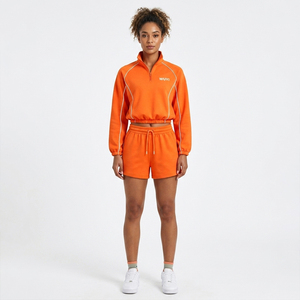 2026 Luxury Vibrant <b>Orange</b> Women's 2 Piece Tracksuit Set 1/4 Zip Pullover and Shorts Minimalist Contrast Piping Athleisure - Product Image 2