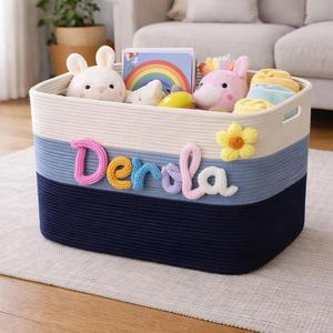 Cesta de Almacenamiento Rectangular Plegable de Mezcla de Algodón y Lino con Nombre Personalizado, Tejida a Mano, Minimalista, Organizador para Sala de Estar o Armario - Product Image 1