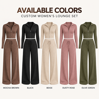 Ensemble Lounge 2 Pièces Femme Personnalisé en Maille Côtelée – Haut Court Zippé à Col Montant et Pantalon Large – Tenue Douce pour le Quotidien, Décontractée et Confortable à la Maison