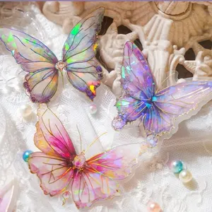 Stiker kreatif hewan peliharaan terbaru, aksesori kemasan kupu-kupu Laser 3D Bling emas untuk bunga