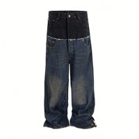 Jean Homme Taille Haute Personnalisé en Coton Délavé Style Streetwear Double Taille avec Rivets Vintage Effet Usé et Bords Bruts