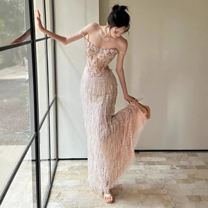 Evening Gown For Women Halter Tassel Natural Waist Spring Flower Banquet Color Coming Of Age Ceremony Dress - Product Image 4