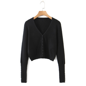 Runqi N8462 Women's <b>Black</b> Knit Cardigan Deep V-Neck <b>Long</b> <b>Sleeve</b> Crop <b>Top</b> With Buttons Solid Color Fashion Sweater Jacket - Product Image 1