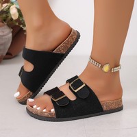 Sandales plates à double boucle en feutre pour femmes, à bout ouvert, à enfiler, décontractées, pour l'été, la plage et la marche en extérieur