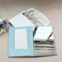 Invitations de mariage de luxe en forme de livret, couverture rigide en daim bleu, carte de mariage en acrylique miroir, monogramme en feuille d'or pour la cérémonie de mariage