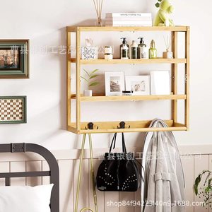 Bamboo Wall <b>Shelf</b> 4 Layers With <b>Hooks</b> And Rod For Kitchen Storage - Product Image 2
