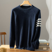 Modischer Englischer Stil 100% Reiner Kaschmir Herren Verdickter Rundhals-Pullover Langarm Gestreifter Winterpullover