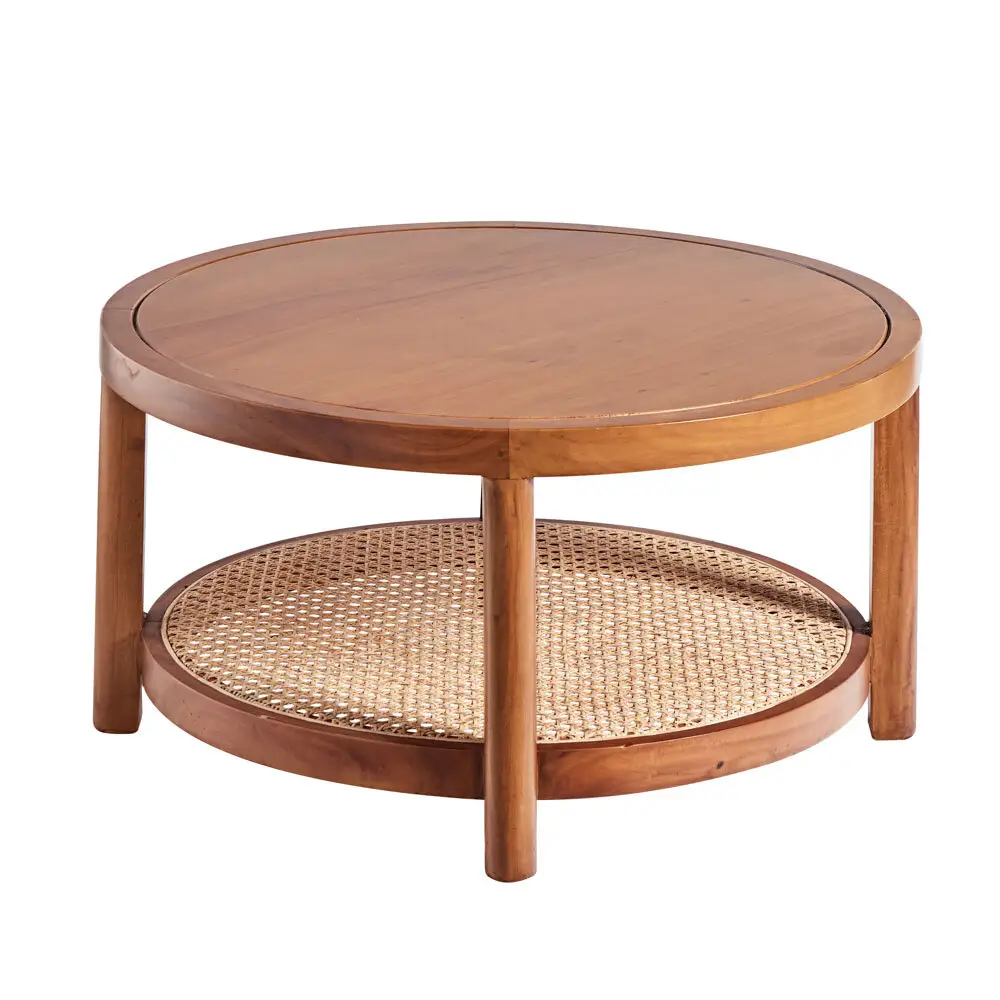 Mahogany Wood Real Rattan Round Coffee Table and Side Table Set Natural Luxury Living Room Furniture Modern Cafe Indoor 30days