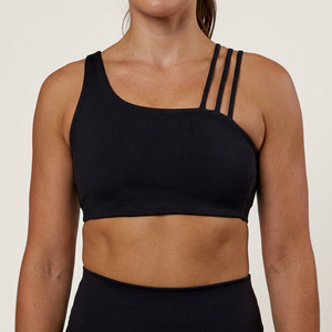 Soutien-gorge de sport noir sans coutures pour femme avec col carré, bretelles croisées, maintien moyen, haut de yoga, design découpé - Product Image 1