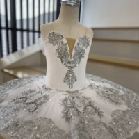 Gaun Tutu Balet Swan Lake Putih Perak untuk Anak Perempuan, Tutu Pancake Profesional Berhias Renda dan Berlian Imitasi, Kostum Tari Anak-anak