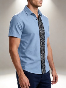 Men's Contrast Panel Short Sleeve Button Up <b>Shirt</b> Casual Business Polo Collar Summer Top - Product Image 3