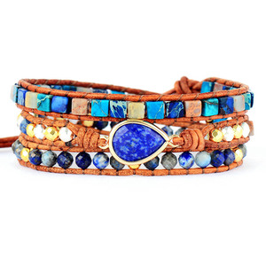 Bracelet en cuir multicouche Lapis Lazuli, forme goutte d'eau, serti de pierres, bijou cadeau - Product Image 5