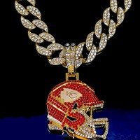 PD3178 Collier pour homme en alliage de zinc, style hip-hop européen et américain, avec chaîne cubaine entièrement ornée de strass rouges et pendentif casque de chef
