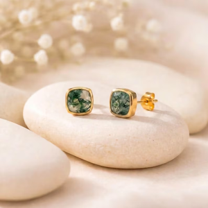 Premium Moss Agate Cushion Cut Faceted <b>Stud</b> <b>Earrings</b> Natural Green Gemstone Jewelry In 925 Sterling <b>Silver</b> Or 18K Gold Filled - Product Image 3