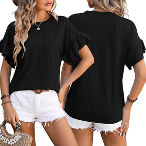 Maglietta estiva Casual a balze plissettato <span class=keywords><strong>fucsia</strong></span> graziose camicie a maniche corte girocollo a coste Jacquard svolazzante t-Shirt da <span class=keywords><strong>donna</strong></span> - Product Image 5