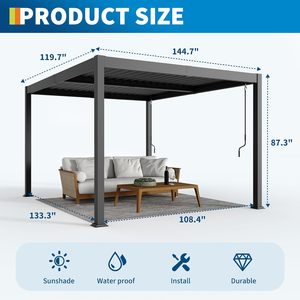 Pérgola de 10X12 Pies <span class=keywords><strong>con</strong></span> Techo Impermeable Ajustable Independiente, Pérgola Exterior de Aluminio <span class=keywords><strong>con</strong></span> Rejillas Ajustables - Product Image 3