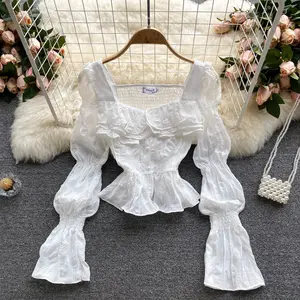 Autumn Full Sleeve Square Collar Shirts Women Crop Top Solid Ruffles Casual Blouse Ladies Sweet Clothing Clothes Women Wholesale