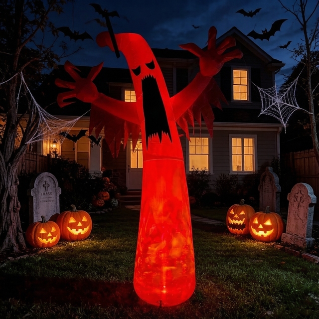 Inflatable Hot Selling Halloween Screaming Ghost with Fire Projection LED Lighted Watertight Polyester Yard Decoration