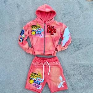 Custom Two Piece Unisex Sweatsuit Track <b>Short</b> Set Summer Applique Embroidery <b>Patch</b> Tracksuit Zip up Hoodie and <b>Shorts</b> Jacket Set - Product Image 1