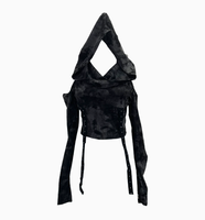 Haut court à capuche Y2K slim pour femme, style gothique, effet brûlé, épaules dénudées, manches longues, avec sangle métallique et rivets, style punk, vente en gros sur mesure
