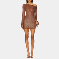 Nouvelle robe élégante en tricot scintillant à logo personnalisé, mini-robe moulante asymétrique à une épaule, manches longues, robe pour femme pour les soirées