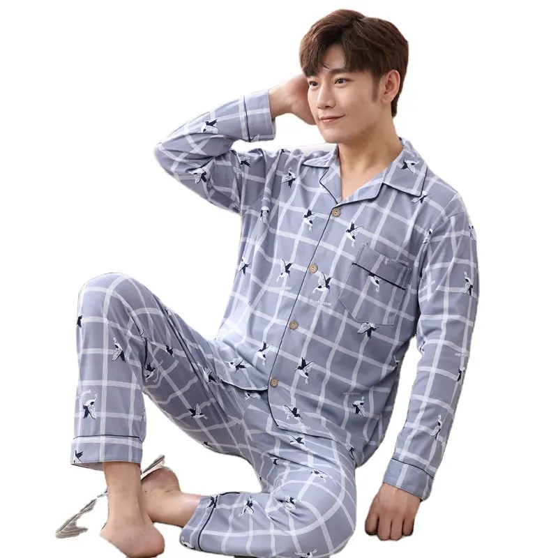 Wholesale quality Polyester man Pyjamas suit leisure Night Sleepwear Cardigan Lapel Cozy Men Pajamas sets