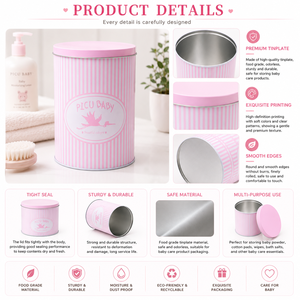 Lata Redonda de Metal para Regalo de Bebé con Estampado de Cigüeña a Rayas Rosas, Lata de Metal Vacía Personalizada para Almacenamiento de Productos para el Cuidado de la Piel del Bebé - Product Image 4
