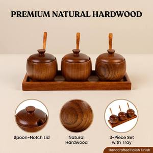 Ensemble de <span class=keywords><strong>3</strong></span> pots à épices en bois avec couvercles, cuillères et plateau – Récipients à <span class=keywords><strong>condiments</strong></span> en bois dur naturel pour rangement de cuisine - Product Image 2