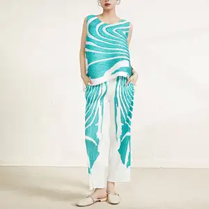 Miyake Pleated Clothing Casual Style Printed Pattern Women's 2-piece Set Pleated Women's Wide-leg Casual Two-piece Pants set