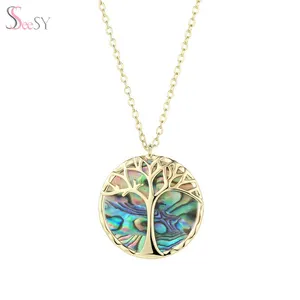 Fashion Cheap Jewelry Natural Abalone Shell Tree Of Life Circle Pendant 14k Gold Plated Necklace