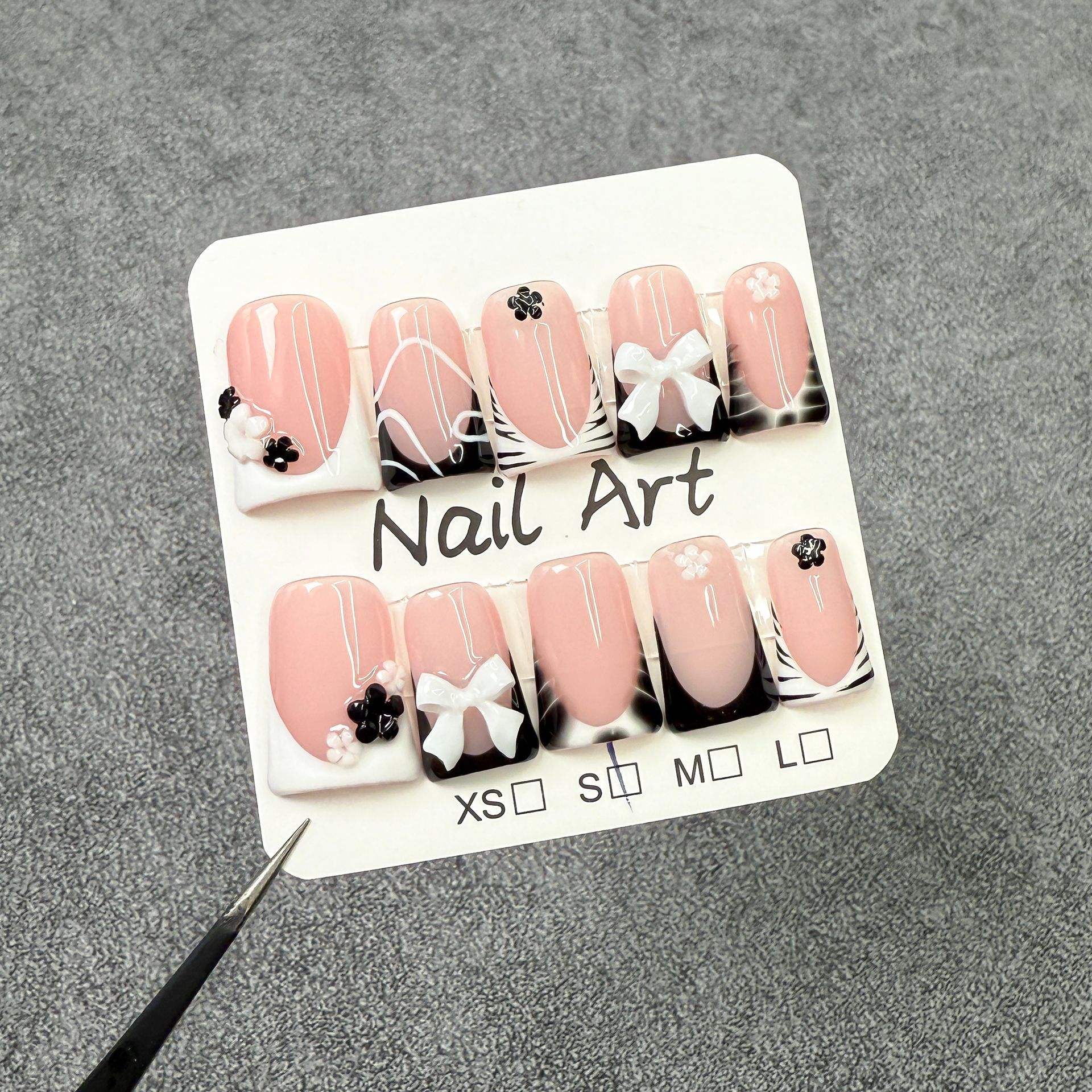 TSZS Leopard Prin Pink French Nail Tips Y2K Style Short Duck Handmade Press on Nails with Spikes Angel Flower Charms Rhinestones