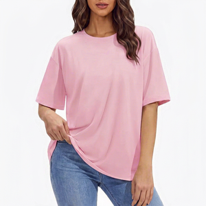 Haut court rose à col en V et manches courtes pour femme, coupe classique, en coton tricoté, couleur unie, respirant, écologique, séchage rapide - Product Image 1
