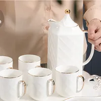 Лидер продаж, Набор кружек из 8 предметов, чайный набор с золотым краем, один чайник, 6 чашек и поднос, элегантный керамический набор кофейных кружек