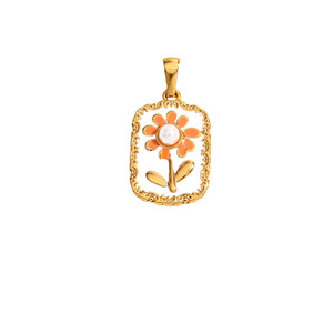 Flower Pendant Necklace 16.2x31mm Gold Plated With Pearl Blue Enamel Women's Jewelry Gift - Product Image 2