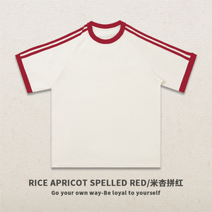 Camiseta de Manga Corta con Cuello Redondo y Tres Rayas, Estilo Americano, Resistente, 260G, Unisex, Mezcla de Algodón, Absorbente de Humedad, Raglán, Color Block - Product Image 6
