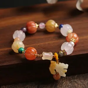 Natural Golden Silk Jade Pixiu Bracelet Couple Ethnic Style Pumpkin Beads Bamboo Link Lucky Gourd Jade Bracelet For Women Gift