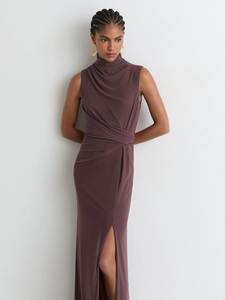 Robe midi chic marron chocolat asymétrique à une épaule, froncée, avec découpes en dentelle crochet, en mélange de lin, moulante, pour l'été - Product Image 3