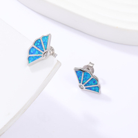 925 Sterling Silber Fächerförmige Ohrstecker Synthetischer Blauer Opal CZ-Akzent Geometrische Ohrringe Damen Feiner Edelsteinschmuck Geschenk