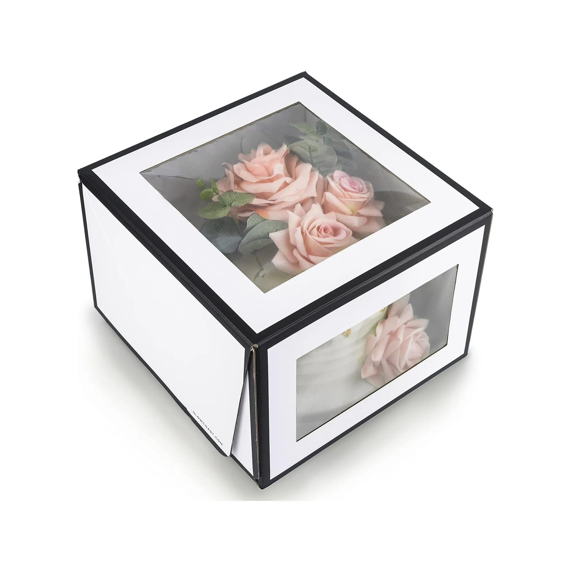 صندوق ورقي طازج مزود بحافة سوداء فريدة متميزة بجودة احترافية لتغليف الزهور مربع الشكل صندوق كعك كبير شفاف مقاس 8 بوصات